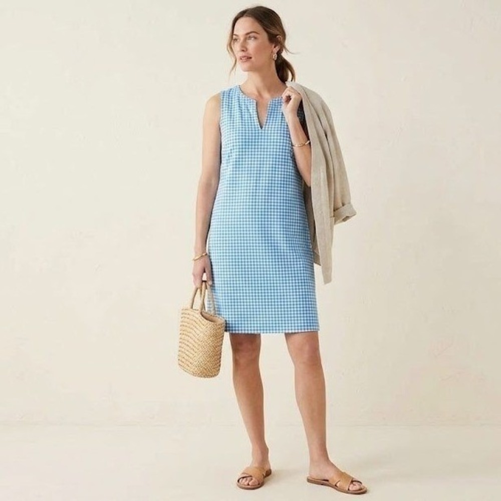 Lands End Womens XL Blue Gingham Cotton Jersey Shift Dress Pocket Plus